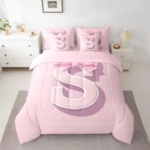 Feelyou Kawaii Pink Bow 7-Piece Bedding Set - Monogrammed Initial S Comforter, Sheets, Pillowcases, Letter Blanket, Soft Breathable Bed-in-a-Bag Decor Gift, Soft Breathable Bedding