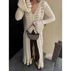 Pure Color Long Flare Sleeve Knit Cardigan Fashion Casual Hollow Out Cover Up Moderate Fabric All Seasons Wear