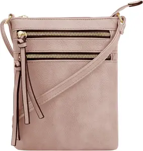| Crossbody Purse Bag | Functional Multi Pocket Double Zipper Purse | Adjustable Strap | Medium Size Purse | Blush