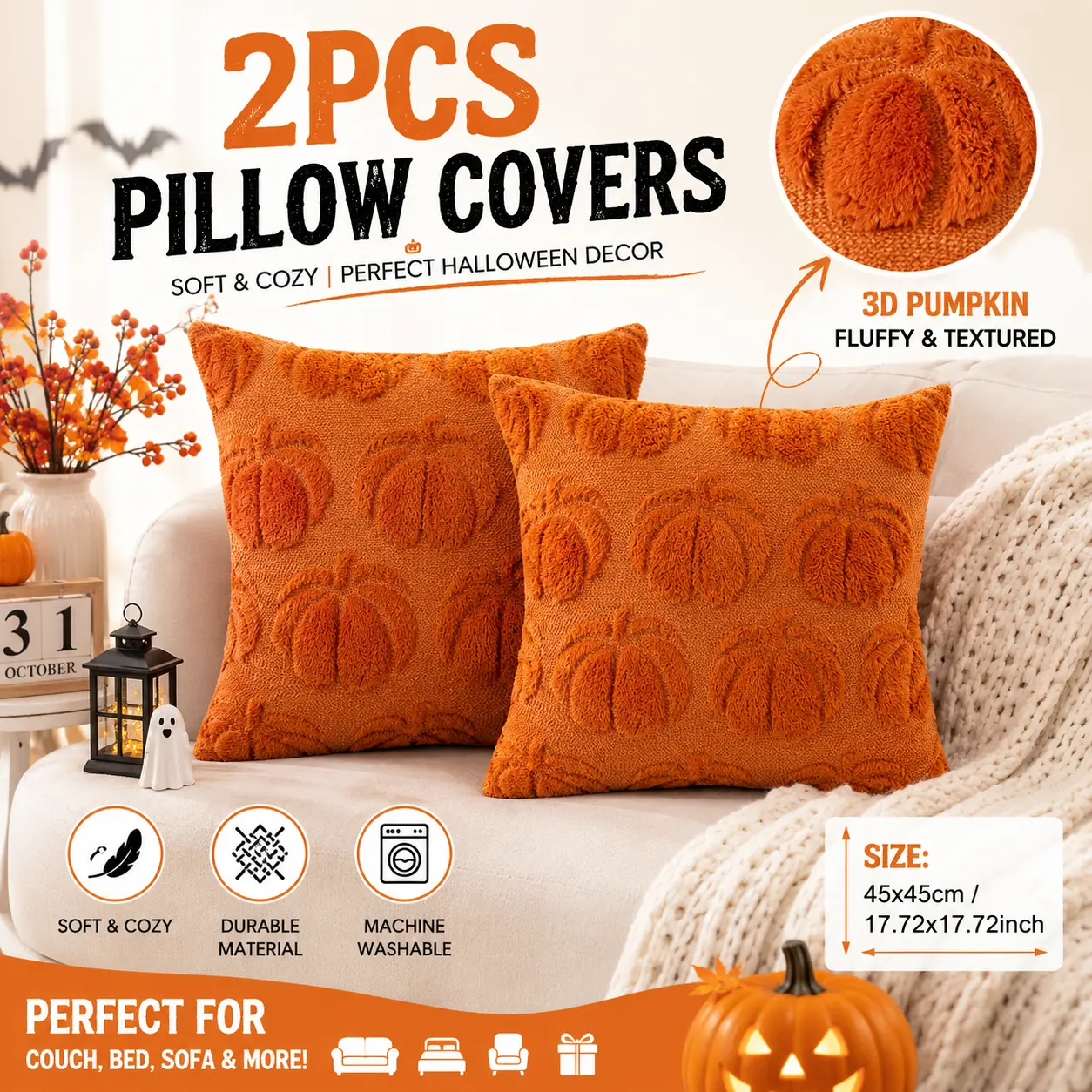Fall Throw Pillow Covers 18x18 Set of 2, 3D Embossed Pumpkin Plush Chenille Cushion Cases, Burnt Orange Rustic Farmhouse Autumn Halloween Thanksgiving Decor for Couch Sofa Living Room (No Insert)