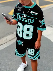 Boys' Summer Basketball Tee Set, Cartoon Print Short Sleeve Top & Shorts, Casual Fitted Two-Piece, Youth Sports Wear