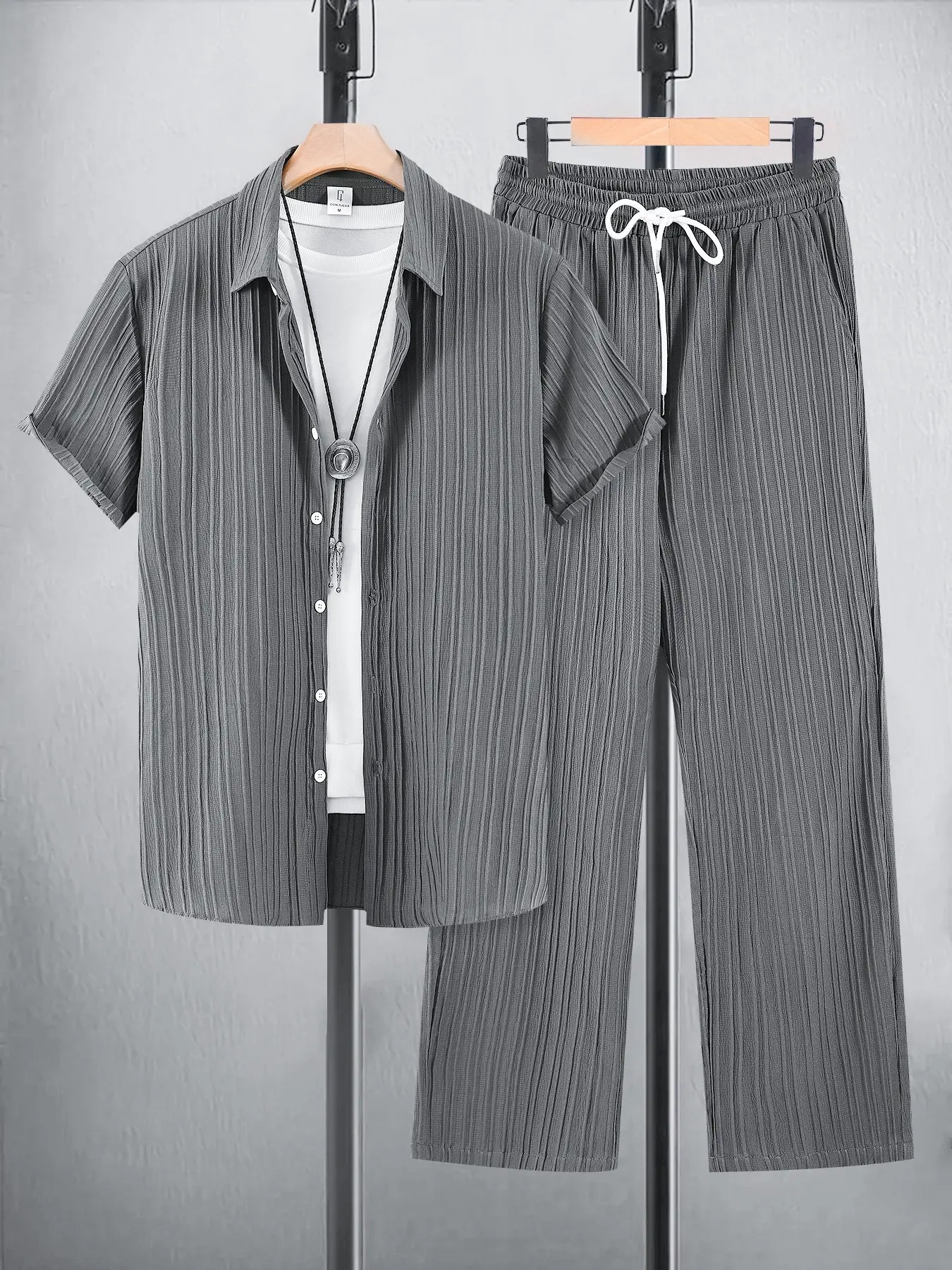 Men's Dark Grey Textured 2-Piece Homewear Loungewear Set - Short Sleeve Button-Down Shirt + Drawstring Waist Pants, Lightweight Breathable Fabric, Loose Relaxed Fit for At-Home Lounging, Lazy Weekends & Casual Evenings, Pajama Set