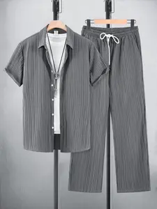 Men's Dark Grey Textured 2-Piece Loungewear Set - Short Sleeve Button-Down Shirt + Drawstring Waist Pants, Lightweight Breathable Fabric, Relaxed Fit for At-Home Lounging, Lazy Weekends & Casual Evenings, Homewear