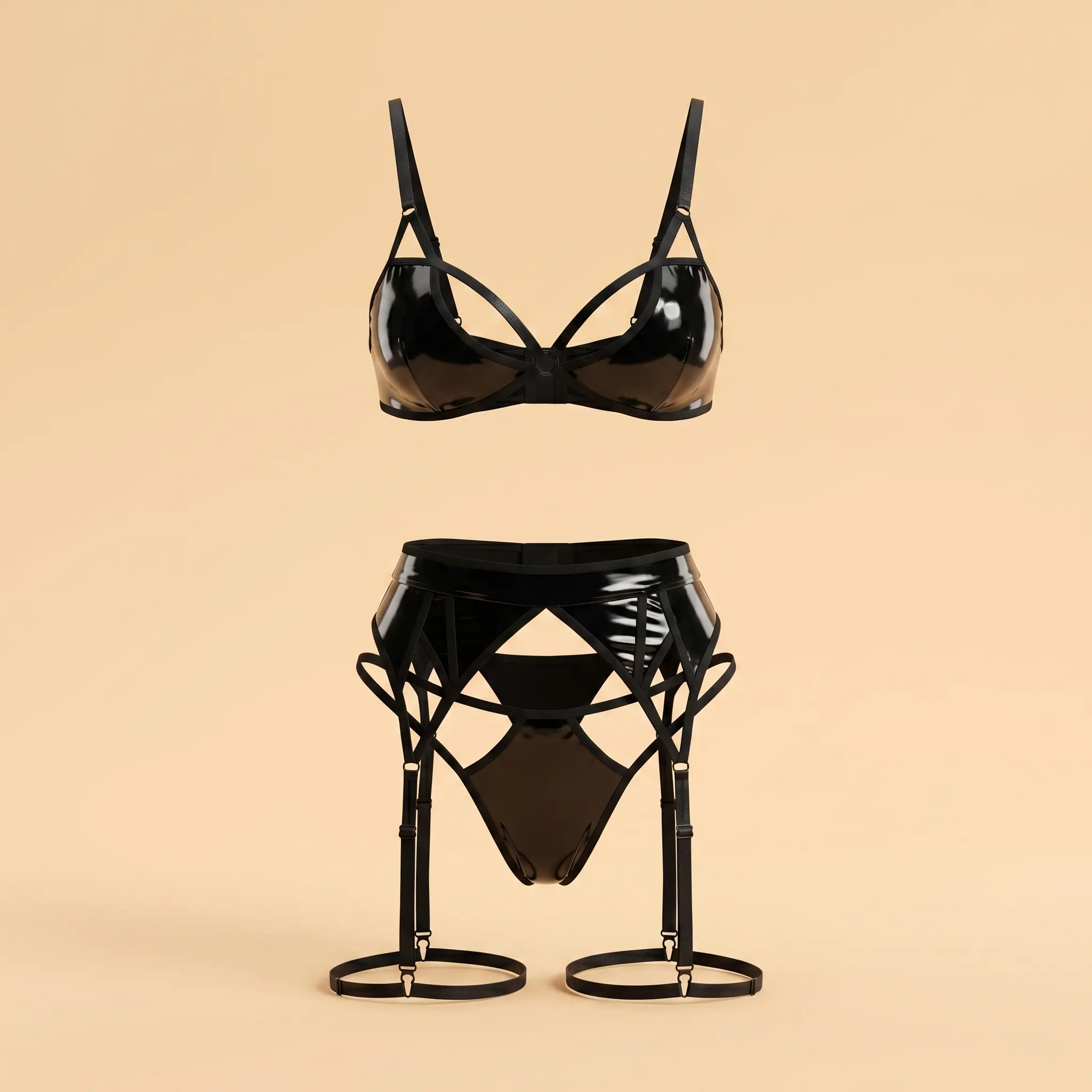 Women’s Black Patent Leather Lingerie Set, 3-Piece Bondage Style Bra & Panty with Multi-Strap Harness, Detachable Garters, Adjustable Straps Womenswear Bodysuits