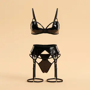 Women’s Black Patent Leather Lingerie Set, 3-Piece Bondage Style Bra & Panty with Multi-Strap Harness, Detachable Garters, Adjustable Straps Womenswear Bodysuits