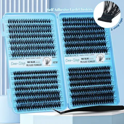 ADORANCE Pre-Glued Lash Clusters Kit 560PCS with 2-Strip Adhesive Tape, Self Adhesive Press On Lashes No Glue Needed, Natural Wispy Cluster Lashes 10-16mm with Non-Stick Applicato, Mixed Style Lashes, Cosmetic Pre Glued Eyelash