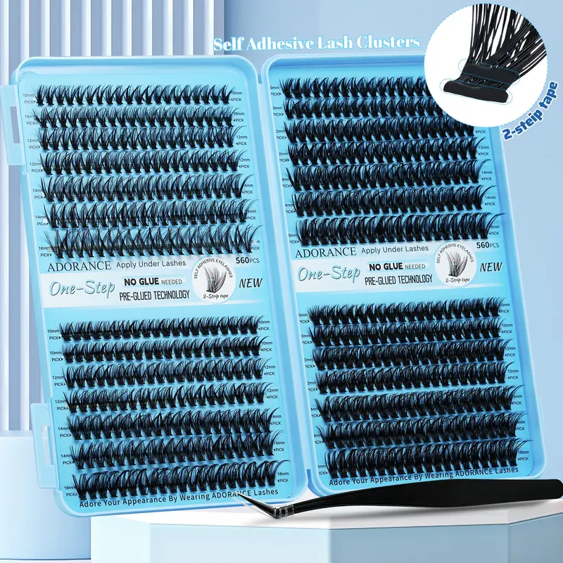 ADORANCE Pre-Glued Lash Clusters Kit 560PCS with 2-Strip Adhesive Tape, Self Adhesive Press On Lashes No Glue Needed, Natural Wispy Cluster Lashes 10-16mm with Non-Stick Applicato, Mixed Style Lashes, Cosmetic Pre Glued Eyelash