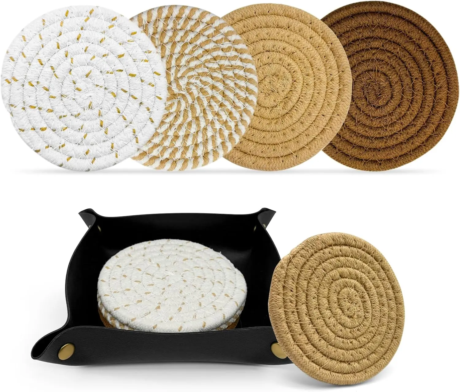 4-Piece Cotton Woven Boho Tableware Coasters, Leather-Accented Foldable Drink Coasters for Home Decor, Coffee Table/Kitchen Tabletop Protection for Cups, Coffee, Beer