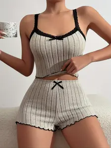 Women's Sleeveless Spaghetti Strap Top & Shorts Striped Pajama Set, Comfortable Casual Home Wear, Loungewear, Ladies Sleepwear for All Seasons, Homewear