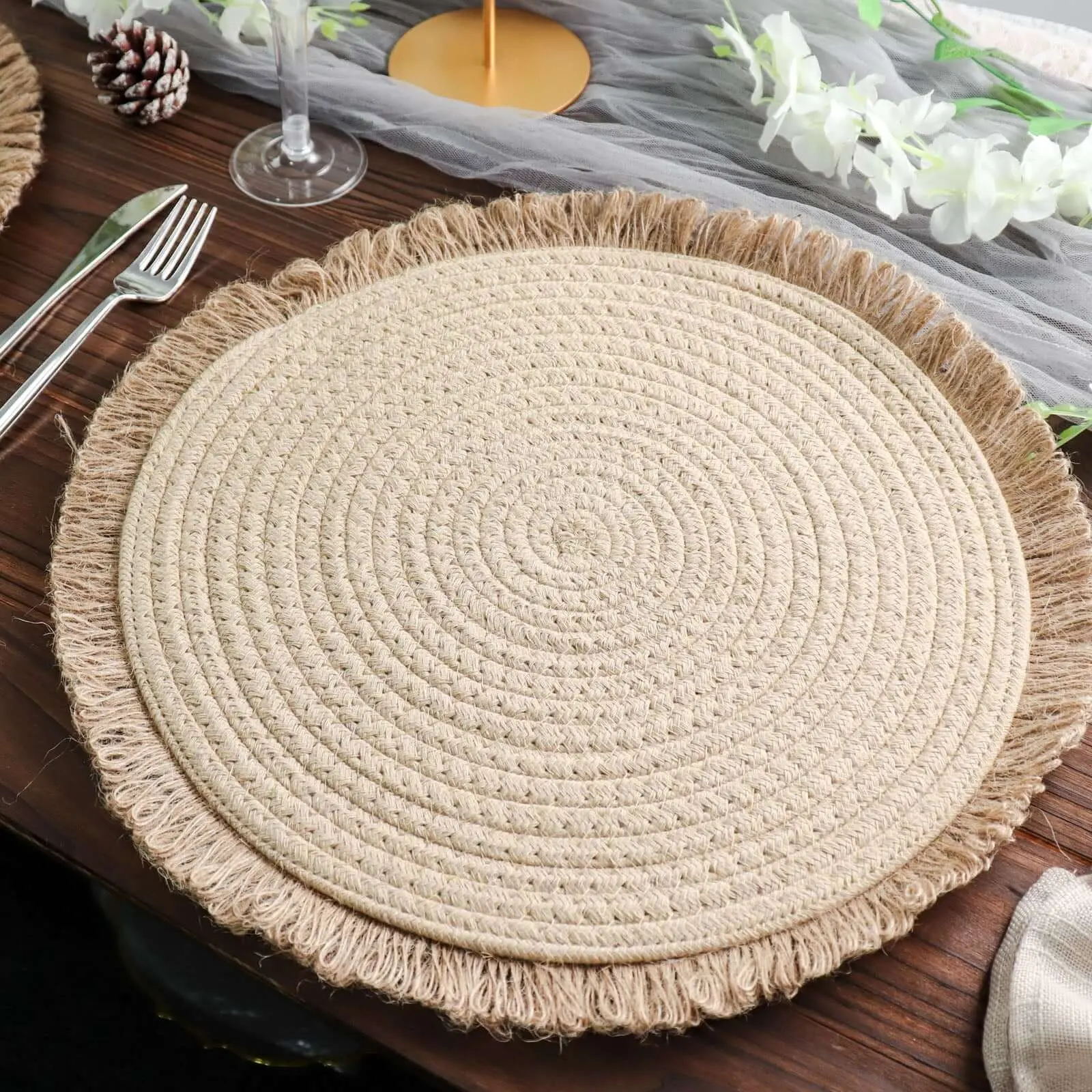4-Pack Round Burlap Jute Placemats - Farmhouse Style Home Accessory with Fringed Edge Trim, 15" Natural Rustic Kitchen Table Mats
