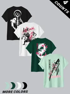 Men's 4-Pack Japanese Samurai Culture Graphic Fitted T-Shirts - Casual Tees for Daily Wear, Multi-Designs (Koi/Samurai/Dragon/Sword), Trendy Anime & Japanese Fashion Set