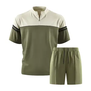 2026 Summer New Men’s Colorblock Stand Collar Half-Zip Short Sleeve Two-Piece Casual Sport Set fathersdaygift