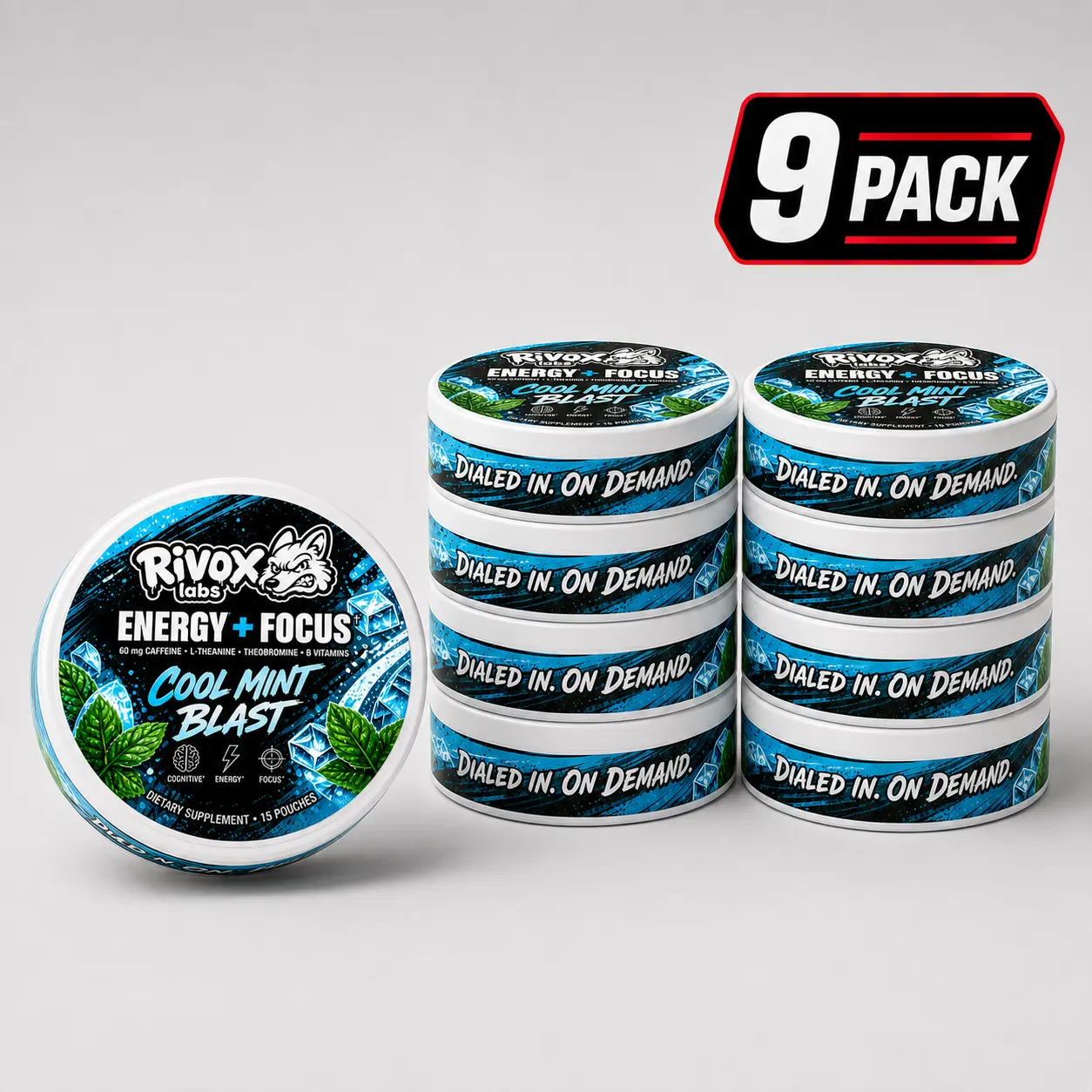 Rivox Focus Pouches Supplement, Cool Mint Blast, 9-Pack Energy Boost & Focus Aid Wellness Supplement