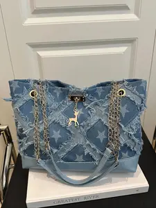 Women's Elegant Denim Design Crossbody Bag, Fashionable Chain Strap Shoulder Bag for Daily Used, Casual Trendy Versatile High-quality Daily Commuting Bag, Crossbody Tote Bag, Adjustable Crossbody Shoulder, Casual Commuter Bag