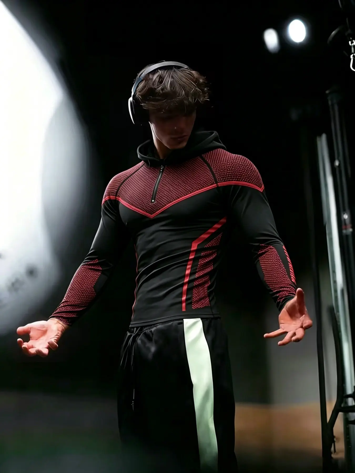 Men's European Style Hooded Half-Zip Tight Fitness Long Sleeve Top, Cool Honeycomb Pattern, High Elasticity, Quick-Dry, Breathable Fabric