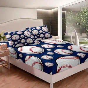 Baseball Bedding Set,Sports Theme Luxury Fitted Sheet,3D Blue Ball Pattern Bed Sheet Set,Breathable Baseball Games Room Decor Bed Cover