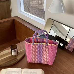 2026 New Vegetable Basket Summer Fashion PVC Handbag Hand Woven Bag Patchwork Striped Tote Beach Bags Purses and Handbags