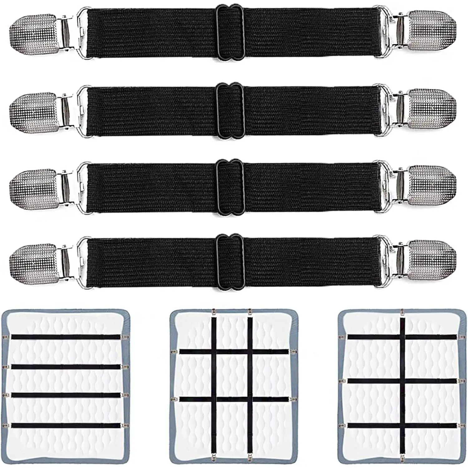 Adjustable Bed Sheet Clips, Sheet Fasteners Holder Straps and Suspender, Gripper, Extend From 21" to 80" Long Style Elastic Fasteners Bands Heavy Duty Suit for Mattress, Sofa, Couch, Recliner and More