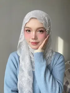 Breathable UV Protection Hijab Scarf, Soft Lace Fabric Headscarf, Geometric Design Boho Style, All Season Casual Wear