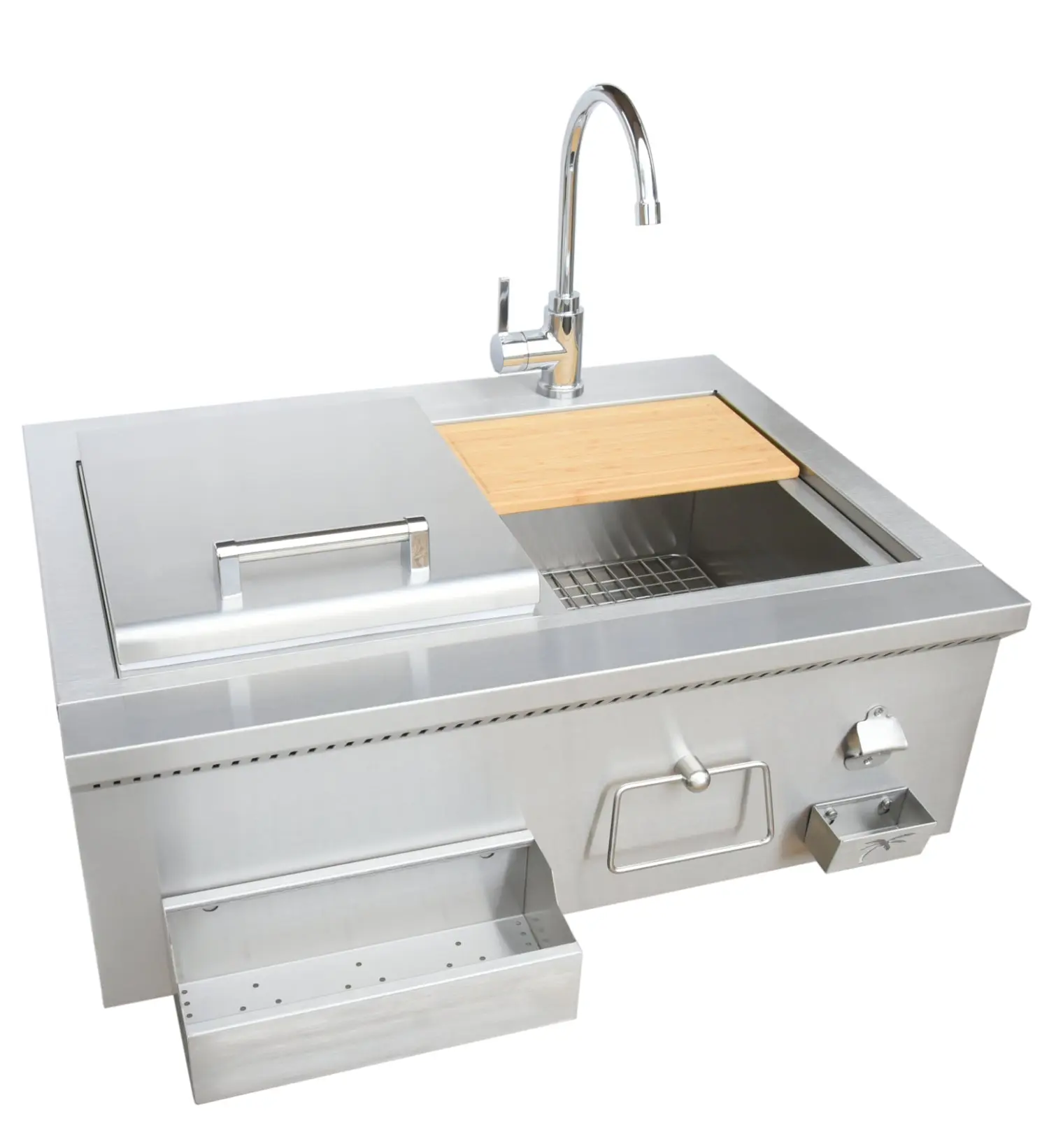 KOKOMO 30-in Built-In Bartender Cocktail Station - Stainless Steel Hot/Cold Water Faucet with Sink, Bamboo Condiment Tray, Ice Chest with Lid, Towel Bar Speed Rail for Outdoor Kitchen Entertaining, Farmhouse, All-In-One Station