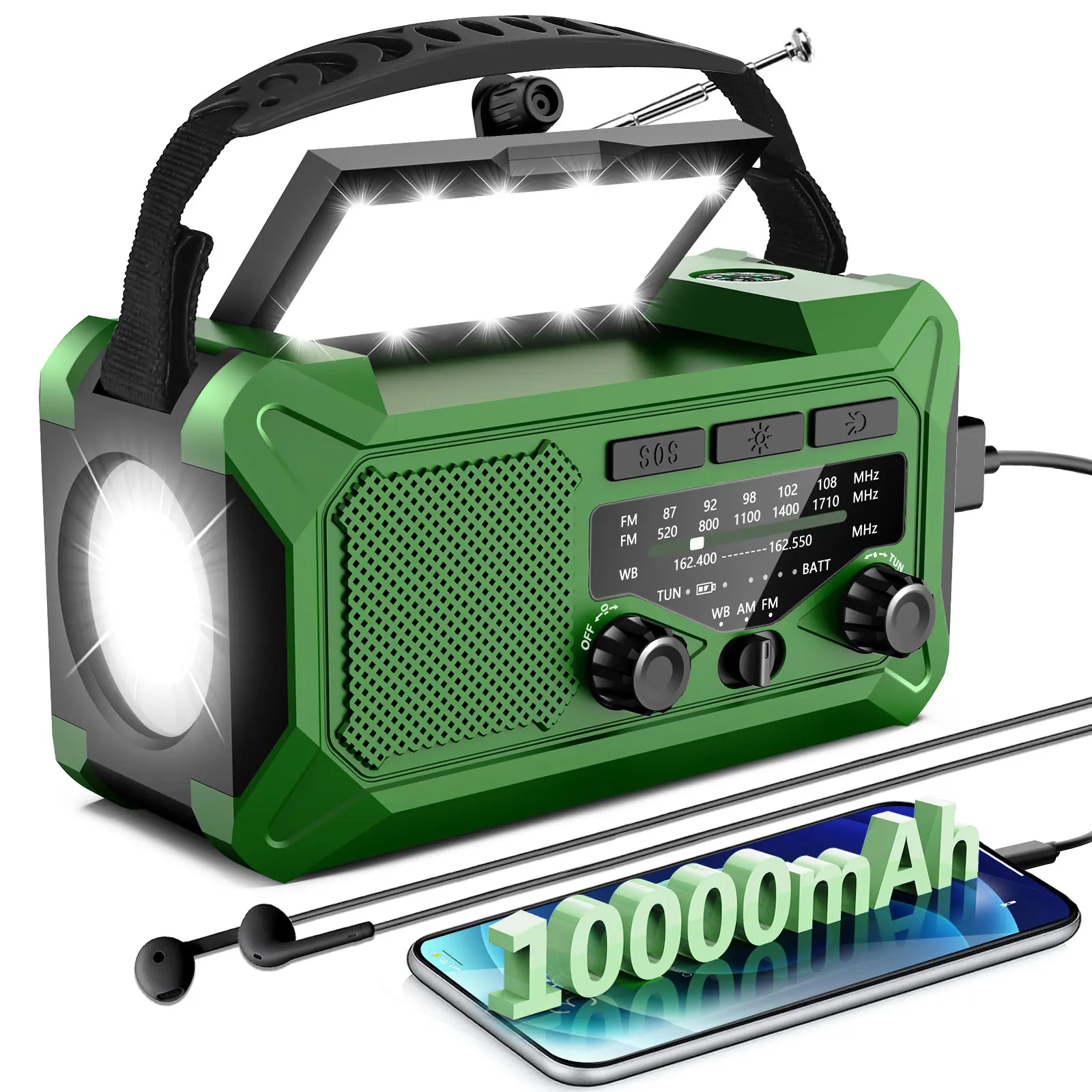 10000mAh Emergency Hand Crank Radio with LED Flashlight, AM/FM NOAA Portable Weather Alert Radio, Solar Powered Radio with Phone Charger, USB Charged, Headphone Jack, SOS Alarm, Outdoors Rechargeable Mobile
