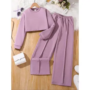 Two-Piece Set Girl's Solid Color Drop Shoulder Crop Sweatshirt & Overlap Waist Wide Leg Sweatpants Set, Casual Fashion Cozy Outfits for Daily Outdoor Wear, Girls Set for Fall & Winter