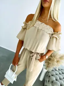 Women's Off Shoulder Belted Jumpsuit, Casual Frill Trim Pocket Jumpsuit for Summer, Fashion Women's Clothes for Daily Wear, Casual Jumpsuits
