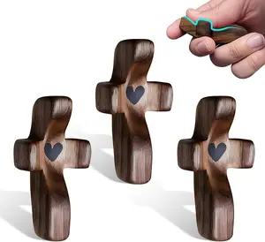Cross My Heart Wooden Cross Fidget- 3Pcs Pocket Walnut & Olive Wood Crosses for Stress Relief, Anxiety Comfort, Prayer Encouragement