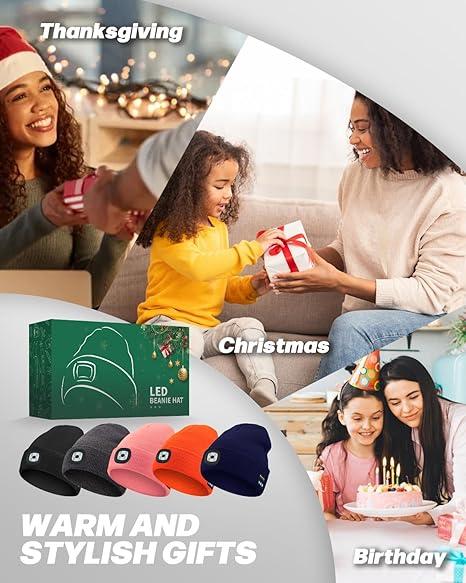 Bluetooth Beanie with a Light, Unisex USB Rechargeable 4 LED Fashlight Hat with Cordless Headphones, Unique Christmas Birthday Gifts for Men Him Husband Teen Black