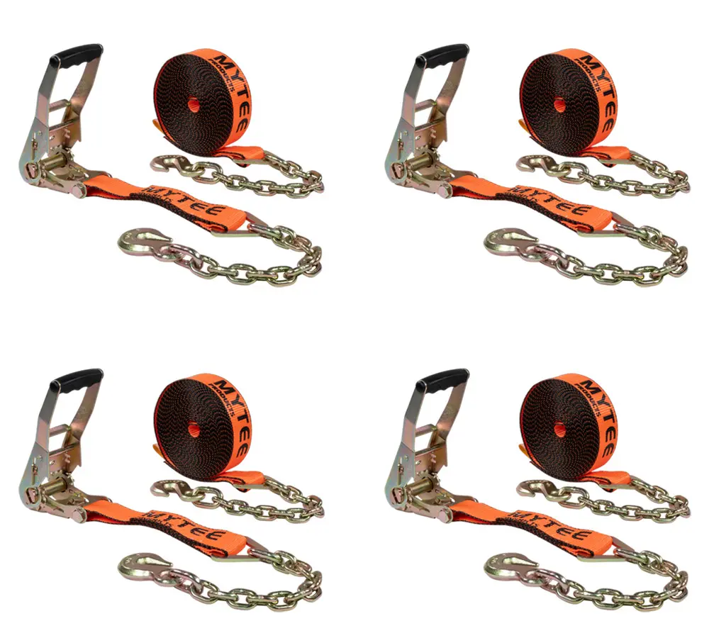 4 Pack 2"x30' Orange Ratchet Strap with Chain Anchor - 4000 Lbs WLL High Abrasion Heavy Duty Tie Down Cargo Truck Straps with Chan Anchor for Flatbed, Truck, Trailers, Pickup