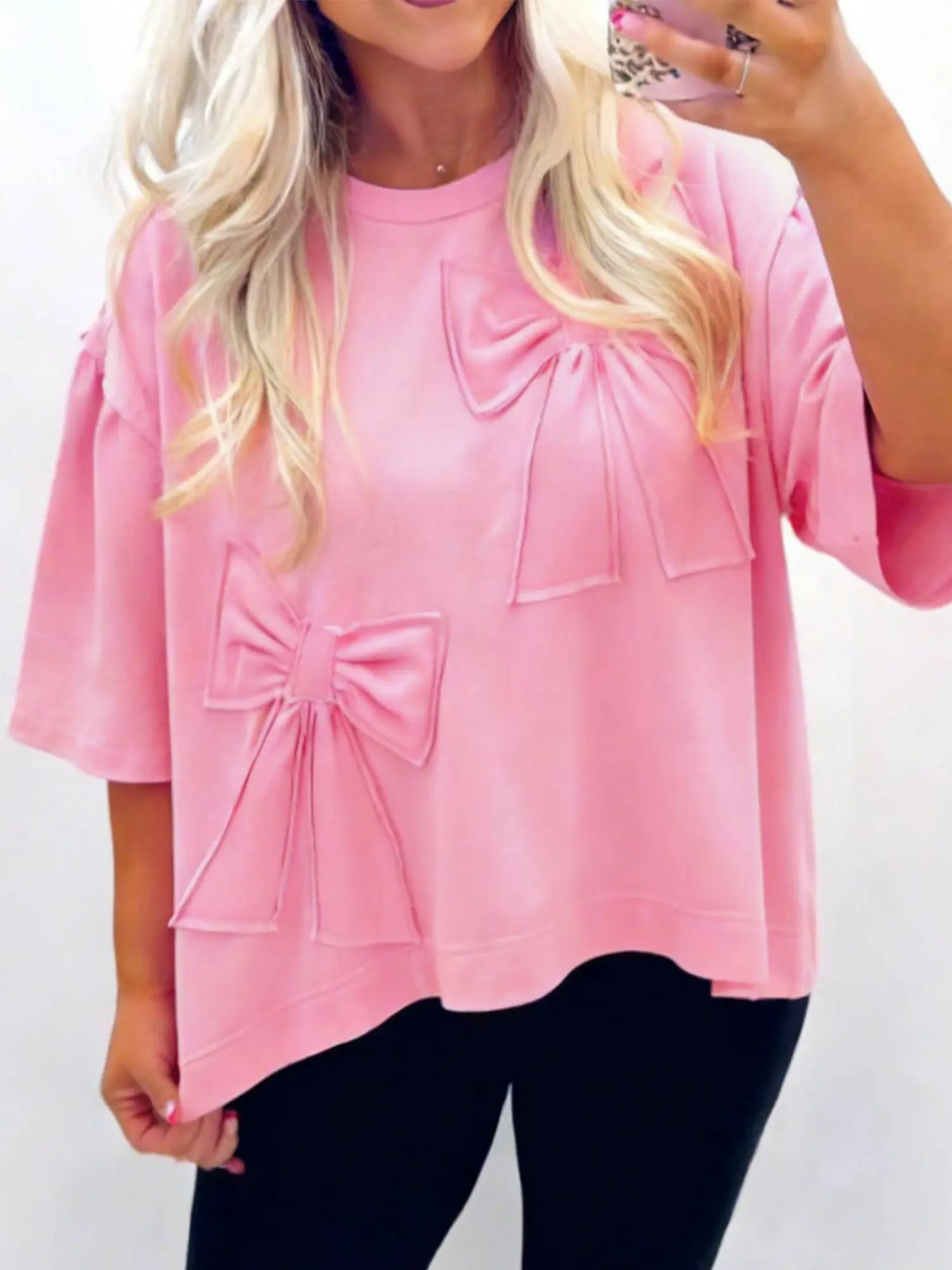 Women's Coquette 3D Bow Cotton-Blend T-Shirt, Oversize Short-Sleeve Casual Top with Raw Edges, Cute College Girl Clothes, OOTD Ideas, Blush Pink Streetwear Dress for Valentine's Day, Drop Shoulders, Breathable, Elastane
