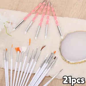 21pcs Full Nail Art Kit with Nail Brush Set, Striping Brushes for Long Lines Thin Details Sculpting Pattern Tracing Stylus Ball Embossing Stylu Fine Drawing Pen for  Supply Manicure Tool Accessories for DIY Nail Design Home ﻿