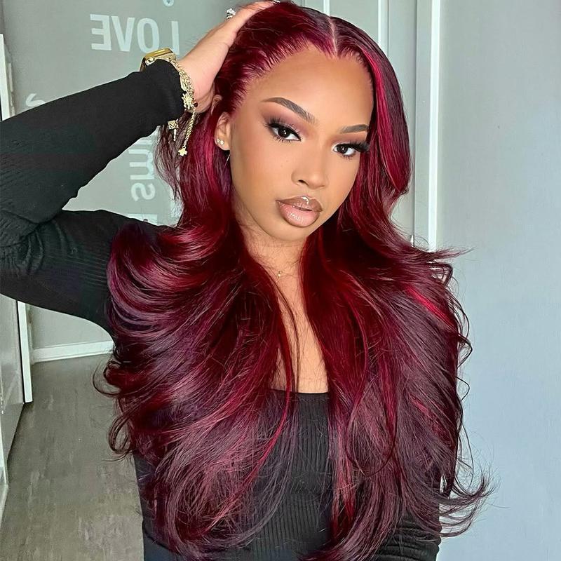 Red Highlight Balayage Color Straight 200% Density Lace Frontal Human Hair Wigs Burgundy and Red Highlight 13X6 HD Transparent Lace Pre Plucked Natural Hairline For Woman Ombre Human Hair Wigs
