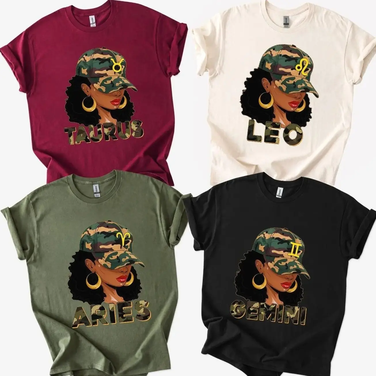 Camo Zodiac T-Shirt, Full 12 Astrology Sign Graphic Tee, Camouflage Hat & Bold Lettering Horoscope Shirt, Trendy Celestial Zodiac Lovers Apparel, Custom Aesthetic Astrological Birthday Gift for Women & Men, Stylish Unisex Casual Streetwear
