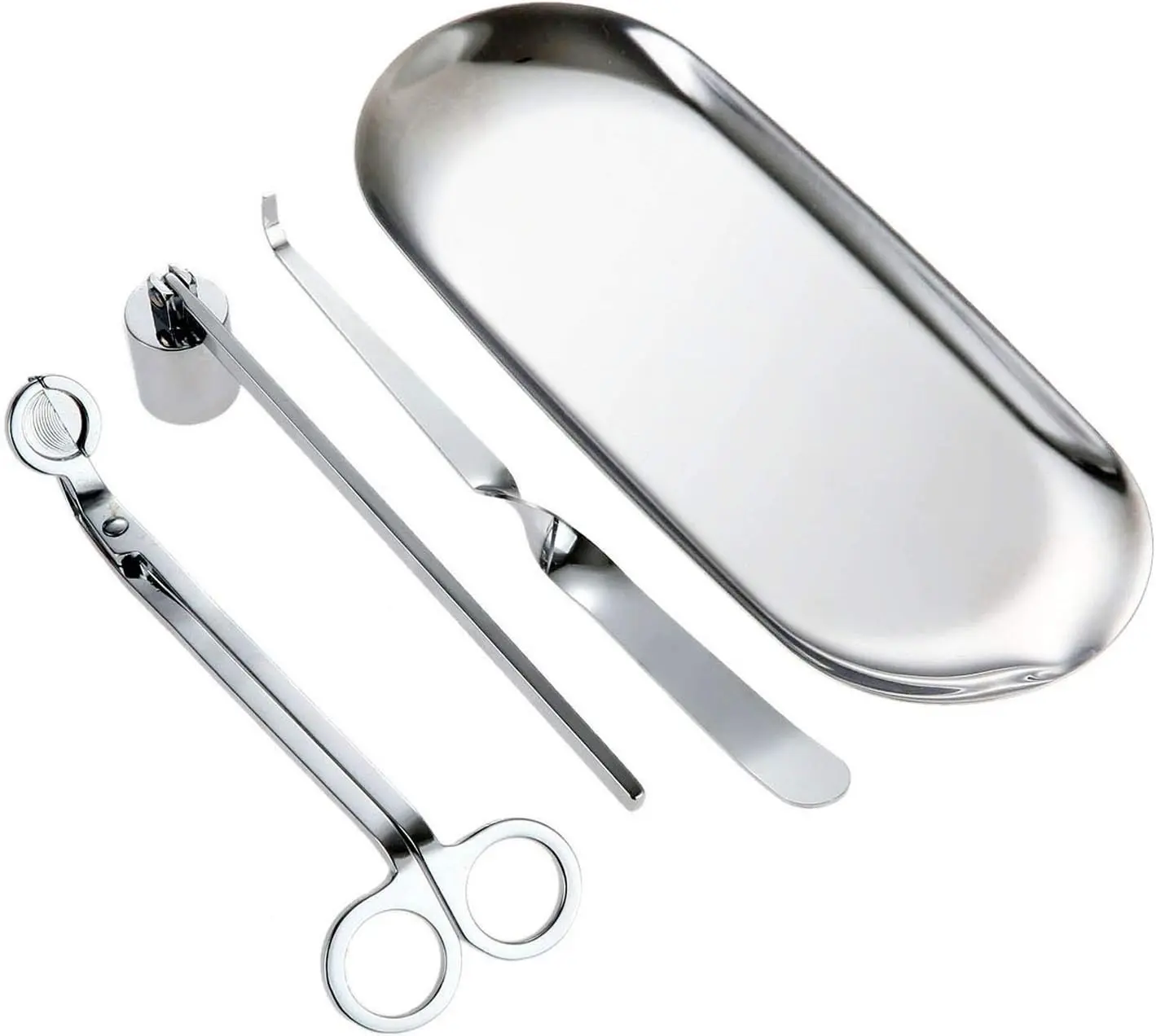 4-in-1 Stainless Steel Candle Care Kit for Candle Lovers, Silver | Wick Trimmer, Snuffer, Wick Dipper & Storage Tray, Gift Ideal, Durable & Easy to Clean, Candle Accessory Set