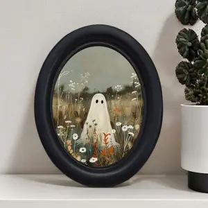 Vintage Halloween Ghost Wall Art, Handmade Oval Wooden Floral Decoration, 5.25x4.16 Inch, Perfect for Christmas & Thanksgiving Decorations