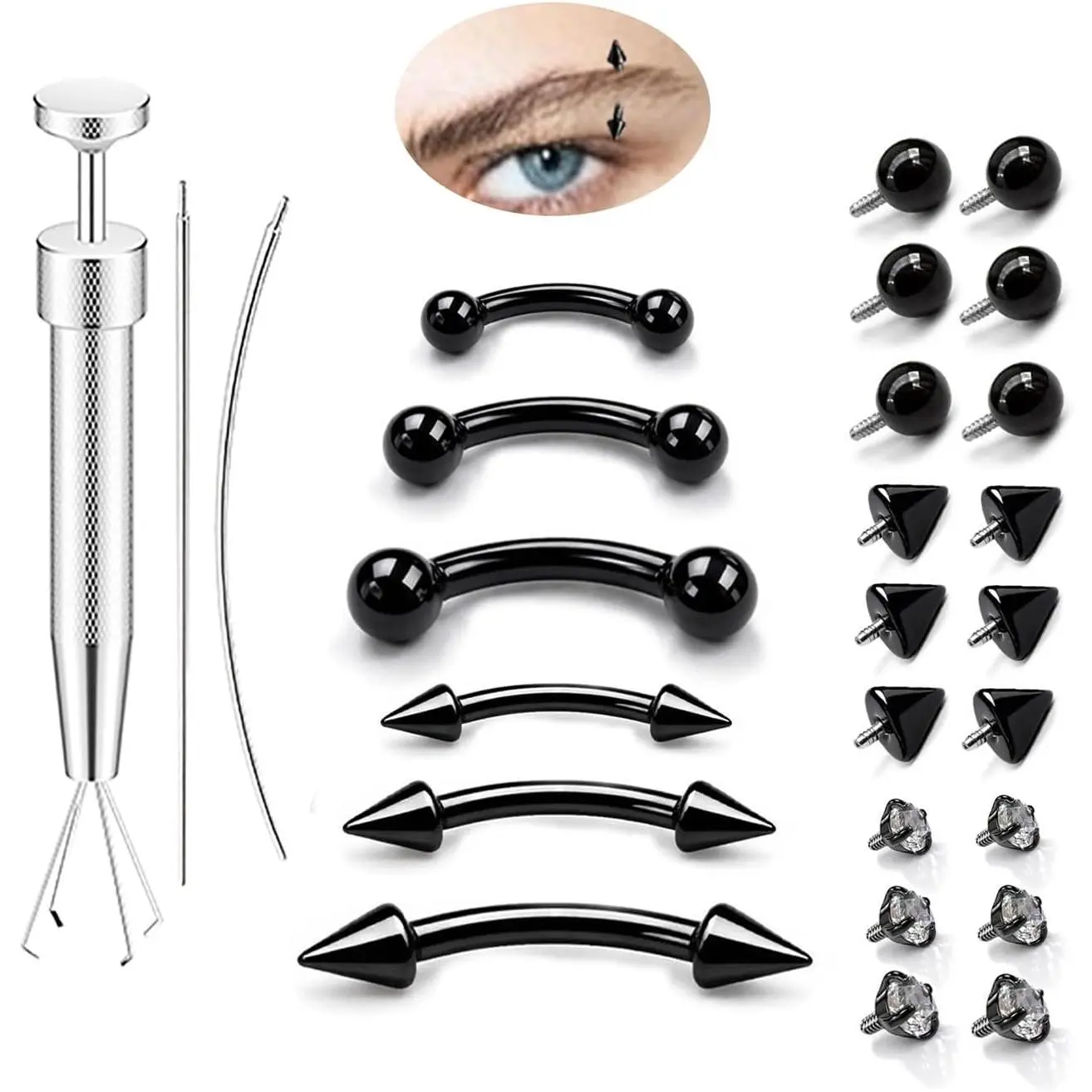 Eyebrow Piercing Jewelry Set with Tool, Surgical Steel Curved Barbell Kit with CZ, Spike & Ball Replacement Ends, Internal Thread 6mm/8mm/10mm Rook Daith Lip Rings for Women Men