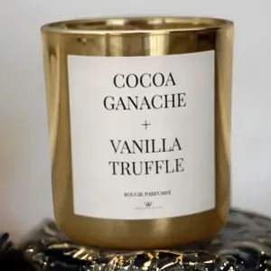 Cocoa Ganache + Vanilla Truffle Scented Candle - Wooden Crackling Wick - Gold Glass - 50 Hour Burn Time