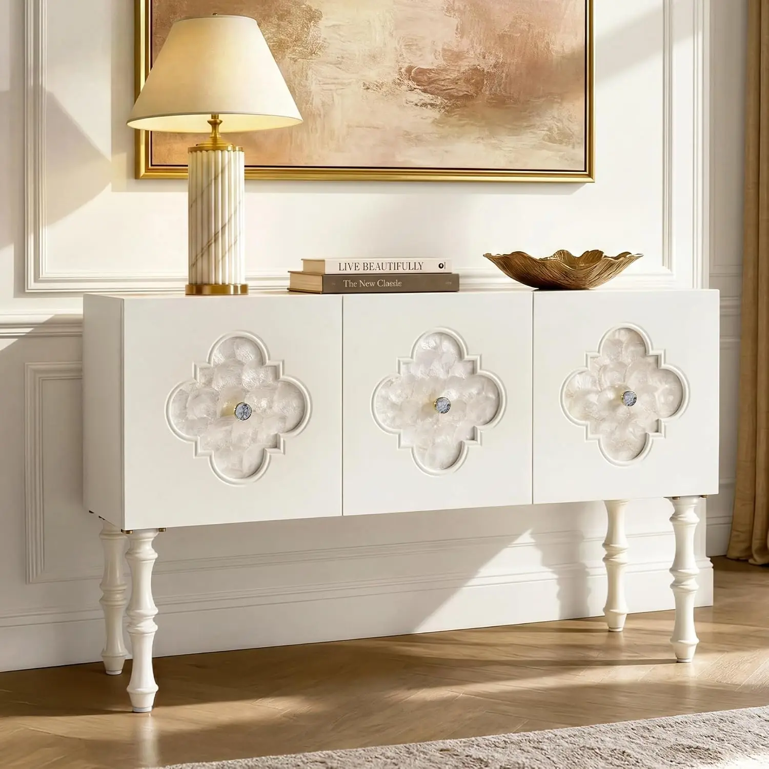 47" Long Artisan Look Shell Veneer Console Table with 3 Doors, Tapered Legs, Fully Assembled Ready to Go, Sideboard Cabinet