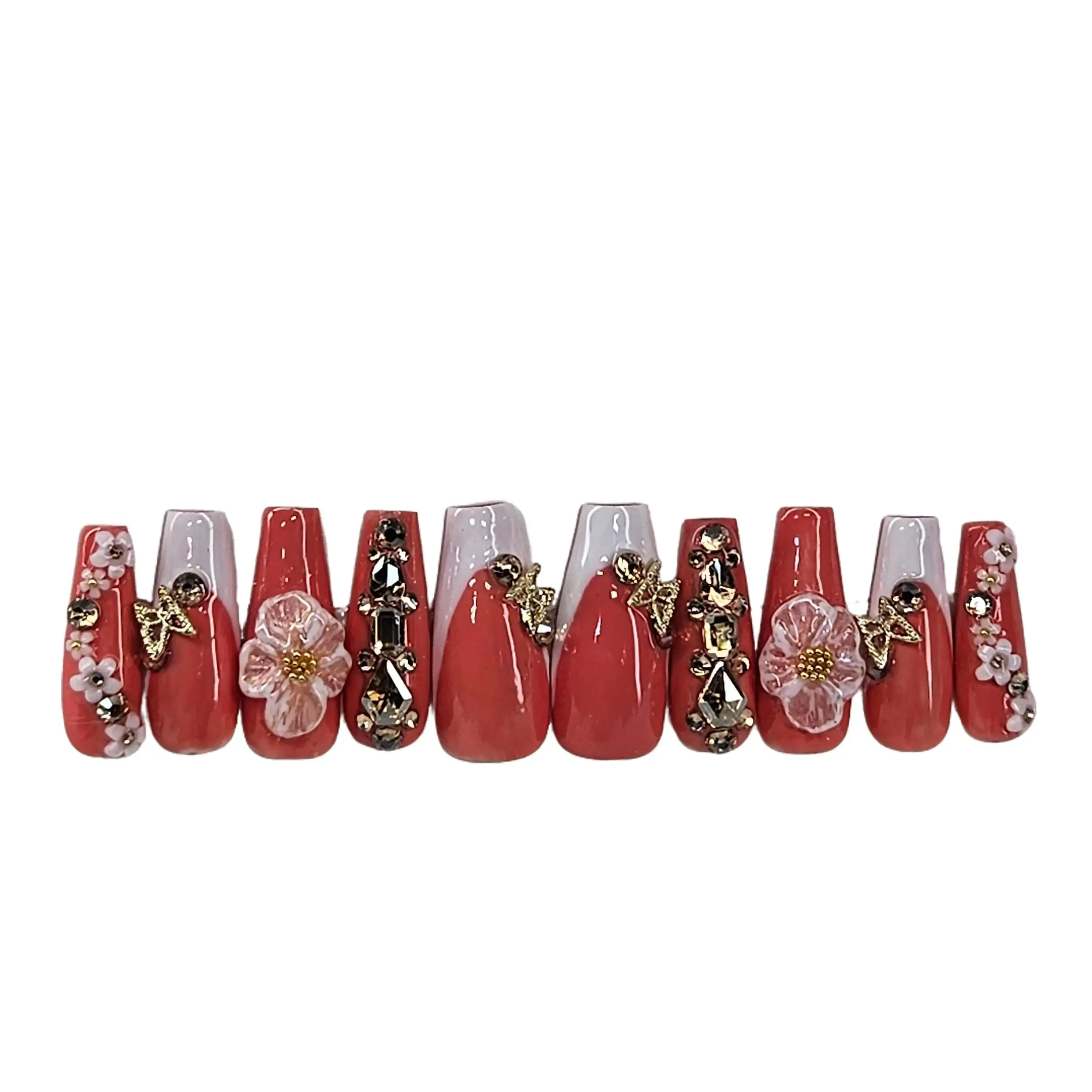 JAN'S BLESSED HAND Nail Tips: Customizable Peach and White Frenchtip Set with 3D Flowers in Long Coffin for Nail Art