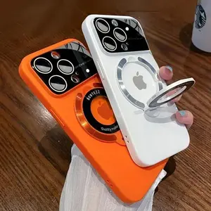 For iPhone 14 15 Pro Max Slim Matte PC Bracket For Magsafe Case for iPhone 14 13 12 11 15 Pro Max 15 Plus Phone Stand Holder Glass Lens Protector Cover