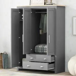 Wood Wardrobe with Three Door Storage Wardrobe with Cabinets and Two Hanging Rods,Gray