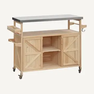 Outdoor Kitchen Island - Rolling Bar Cart with Storage Cabinet, Farmhouse Solid Wood Outdoor Grill Table with Stainless Steel Top
