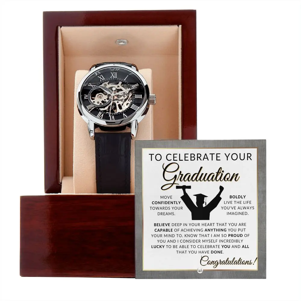 Classic Fashion Men's Round Automatic Movement Skeleton Watch - Leather Strap, Openwork Dial, Mahogany-Style Luxury Box, Graduation Gift for Men