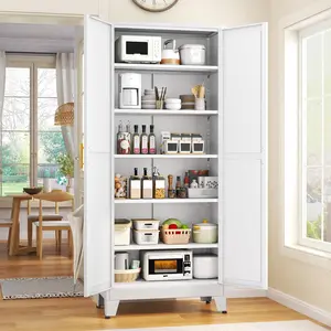 75.2" Tall White Pantry Cabinet with 5 Adjustable Shelves Large Capacity Storage for Kitchen & Living Room Sturdy Durable Steel Construction metal bathroom versatile Modern Freestanding Wooden Wardrobe