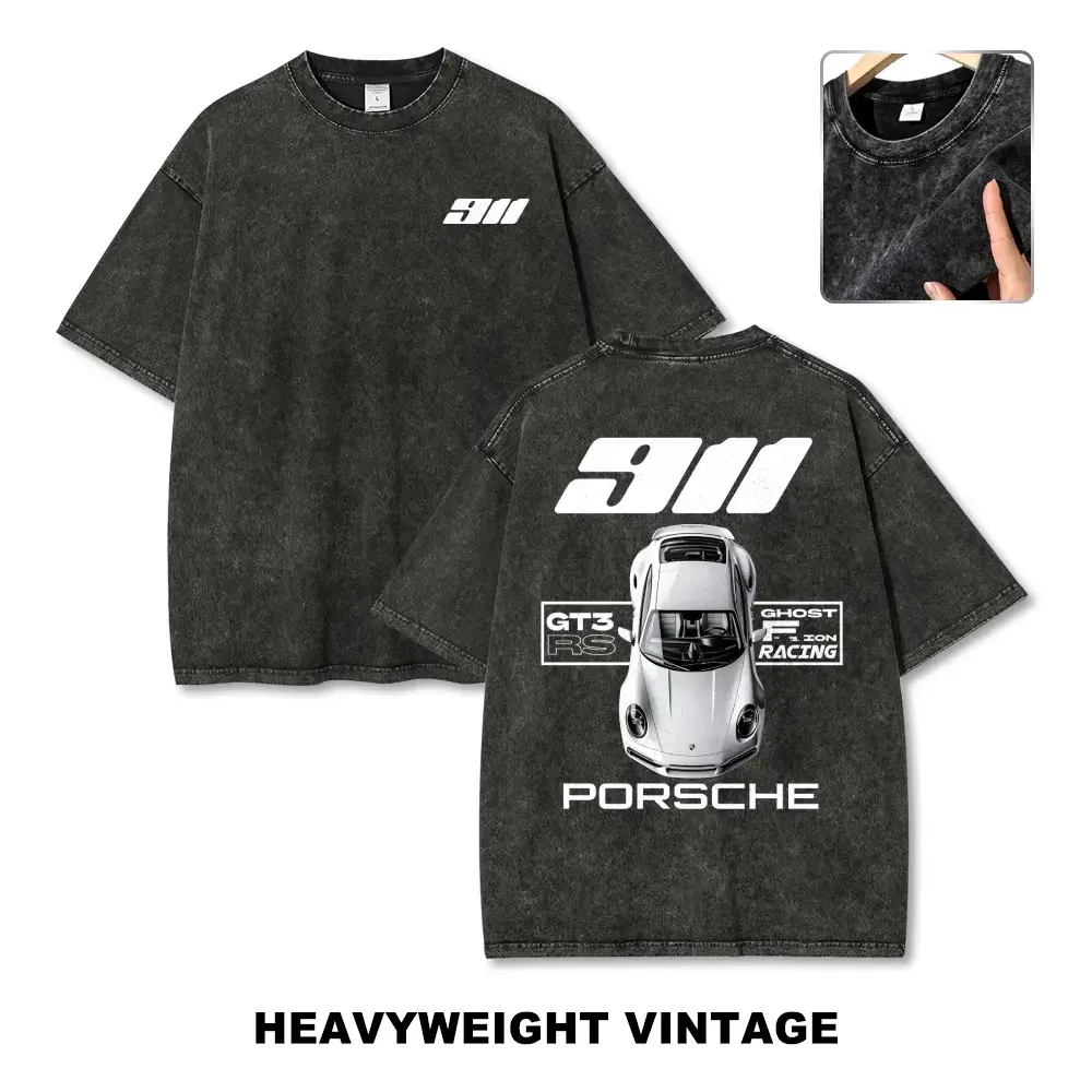 Vintage Washed Grey Heavyweight Oversized Graphic T-Shirt Men Women Unisex Y2K Streetwear Retro 911 GT3 RS Sports Car Print Minimalist Racing Tee Car Enthusiast Gift Summer Casual Top Drift Culture Fashion JDM Motorsport Apparel Trending Auto Tees Best