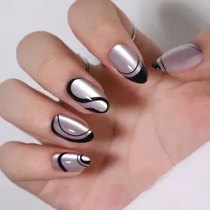 Curvlife Medium Almond Striped Cat Eye Fake Nails, Black Glossy Finish, 2-Week Wear, Damage-Free Nail Art Accessories