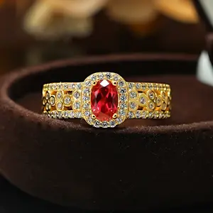 Red Oval Ring for Women, 4x6mm Golden CZ Statement Ring, Wide Band Halo Ring, Vintage Fashion Jewelry, Daily Wear Party Gift Accessory