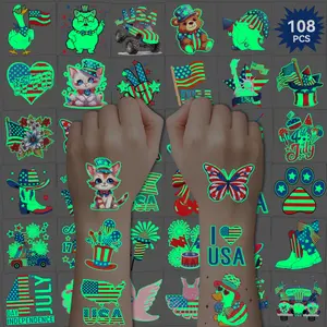 108 Pieces July 4th Temporary Tattoos, Night Glow Blue Party Supplies, American Patriotic Stickers, Independence Day Decorations, Peel Off Tattoo