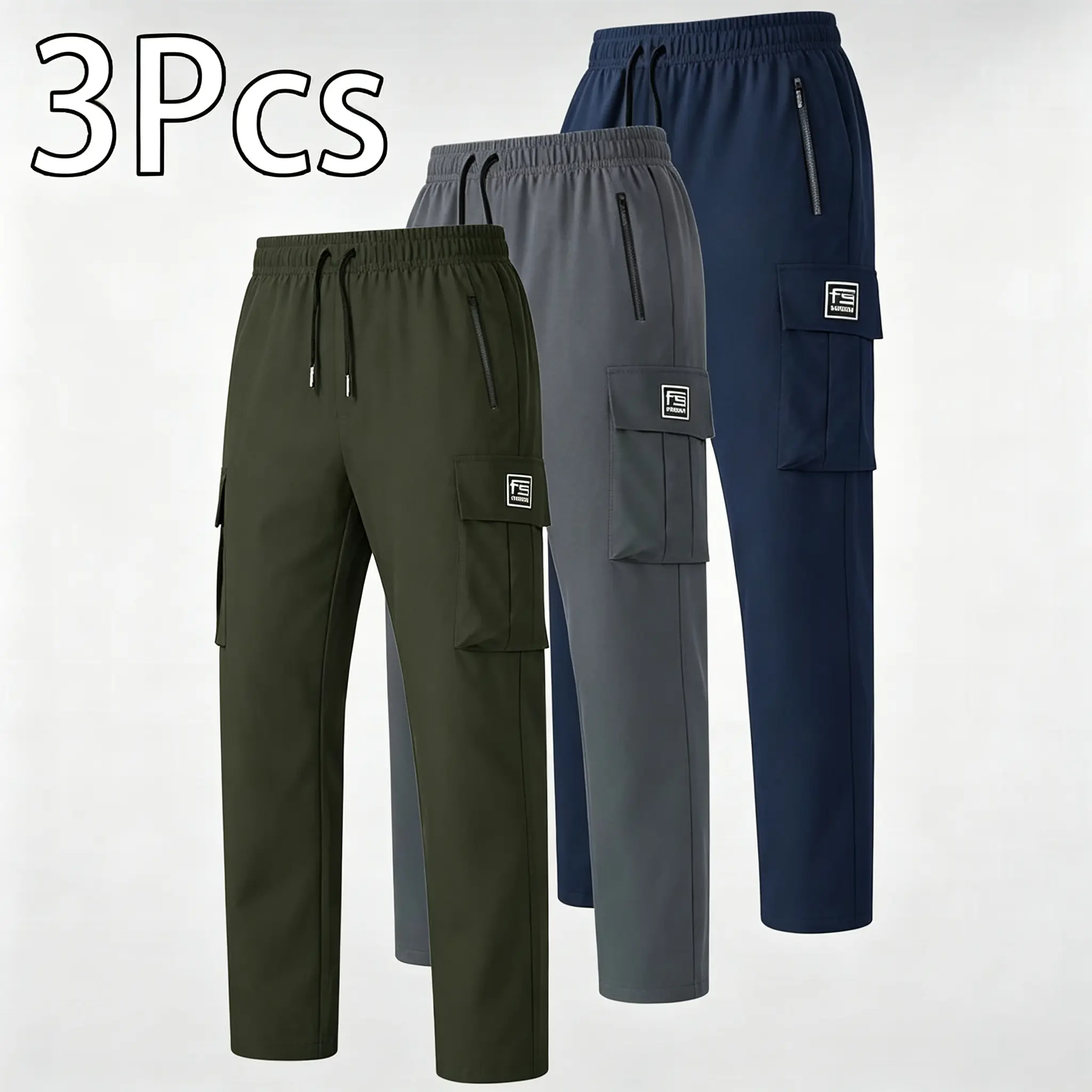 Men’s Autumn/Winter 3-Piece Cargo Pants Set, Loose-Drape Straight-Cut Multi-Pocket Trousers for Everyday Commuting & Casual Wear